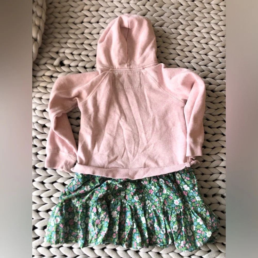 Mini Boden Pink hoodie dress with green floral print skirt. - Picture 3 of 3